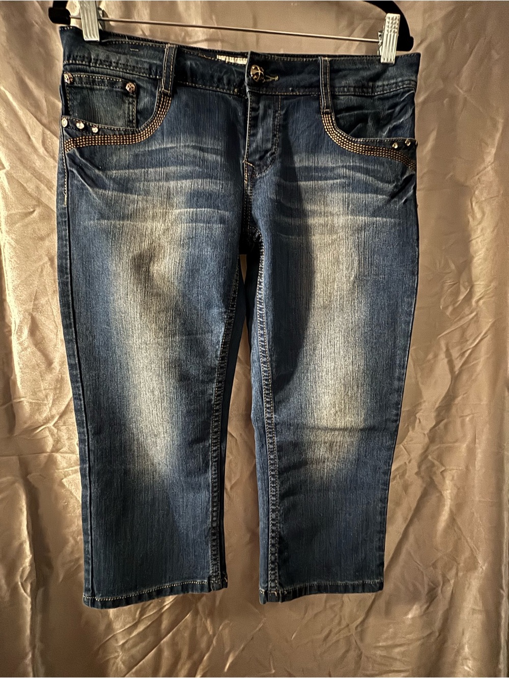 Y2K Liuces Womens Low Rise Rhinestine Embellished Denim Capri Size 11